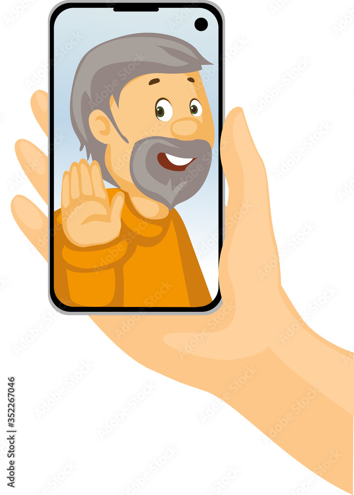 Video Call with Grandpa - Phone in Hand - Stay at Home - Vector Illustration Video Call with Grandpa - Phone in Hand - Stay at Home - Vector Illustration