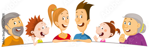 The Whole Family Peeks Out from Behind the White Area - Vector Illustration