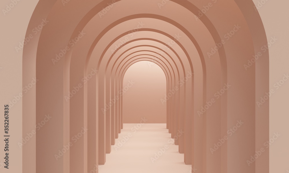 Brown corridor arch with overhead lighting. 3d rendering - obrazy, fototapety, plakaty 