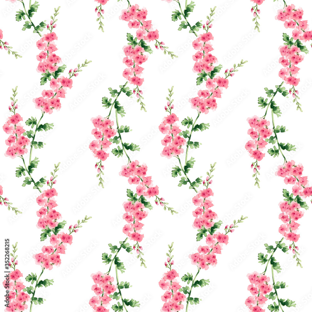 pattern of twigs of pink flowers on a white background, watercolor illustration