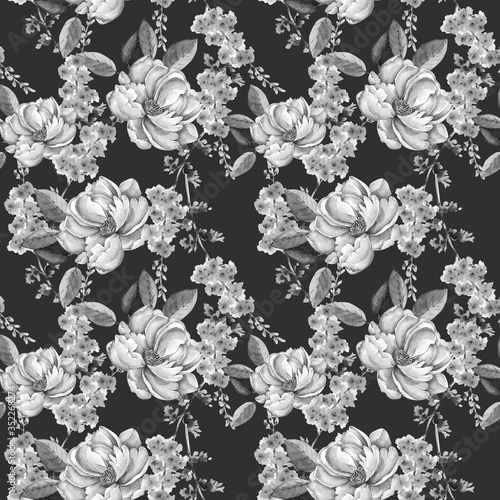 pattern with monochrome bouquets on a dark background close-up, watercolor illustration