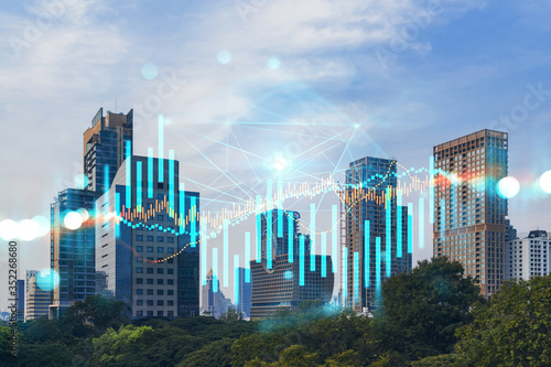 Photography Day time view cityscape of Bangkok city background with business chart grid