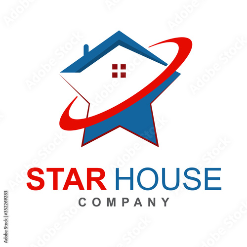 House logo design template with star shape element graphic. Modern home and real estate concept. Vector icon illustration can use for brand business company, property agency, developer construction