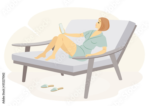Beautiful lady is sitting on the couch. The girl looks and speaks on the phone. The woman has a slim figure. Vector illustration