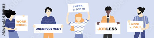 Unemployment, the lost job concept vector. White and Afro American people  holding message boards - need a job, unemployment, jobless, work crisis. Drawn by the people at the meeting
