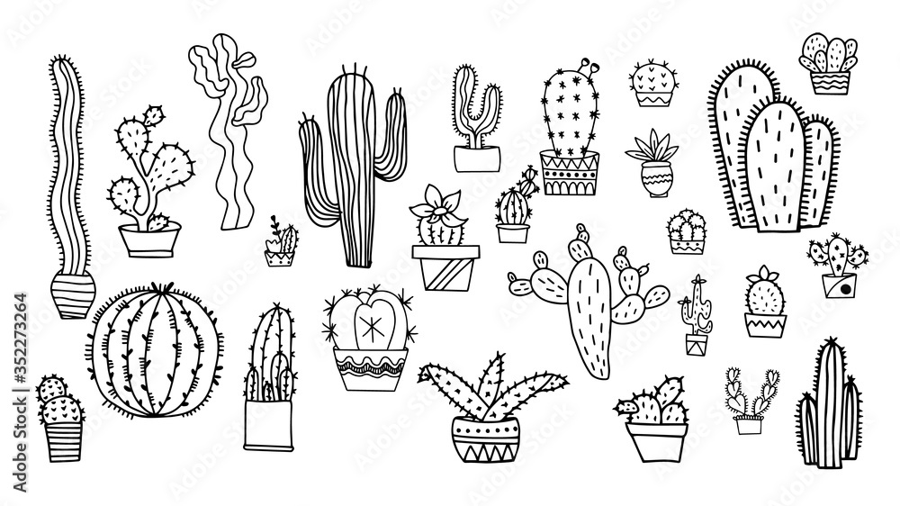 Cactus vector illustrations. Hand drawn outline cactus set. Cactus plants nature elements
