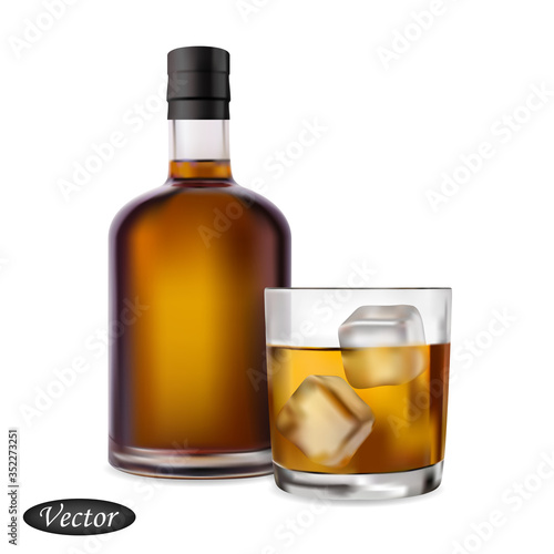 Bottle and glass alcohol isolated on white background. Realistic strong drink. Cognac, whiskey, brandy, scotch, bourbon. Macro icon. Vector illustration beverage 3D. Colorful mock up. Design element.
