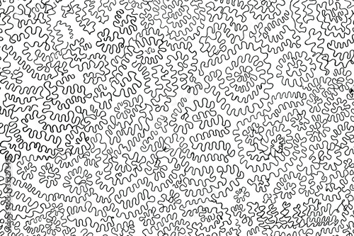 A hand-drawn surface with doodles, swirls, and zigzags. Abstract monochrome background drawn by hand. Vector illustration. The imposition template.