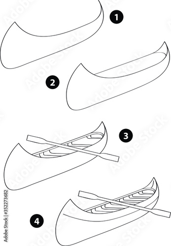 Step by step drawing learning techniques, transportation tools set workbook for kids isolated background. Vector illustration canoe