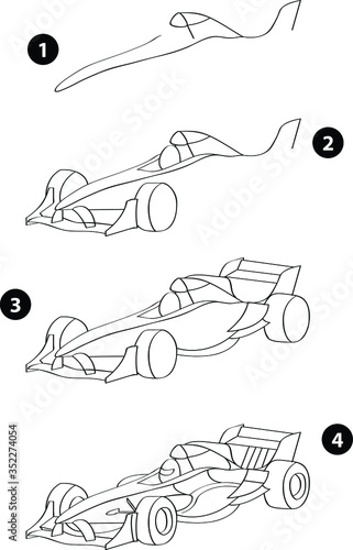 Quadro su tela Step by step drawing learning techniques, transportation tools set workbook for kids isolated background