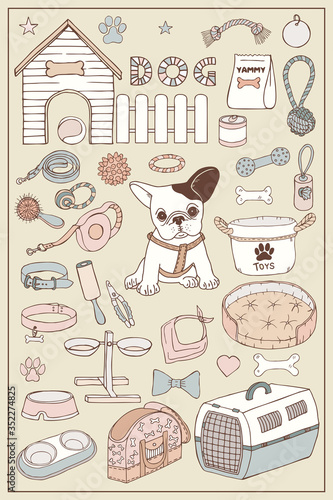 French bulldog and dog items set. Hand draw doodle vector graphics.