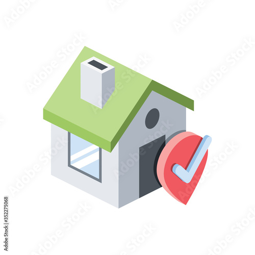 House pin map check mark. Vector 3d isometric, color web icon, new flat style. Creative illustration design, isolated graphic idea for infographics.
