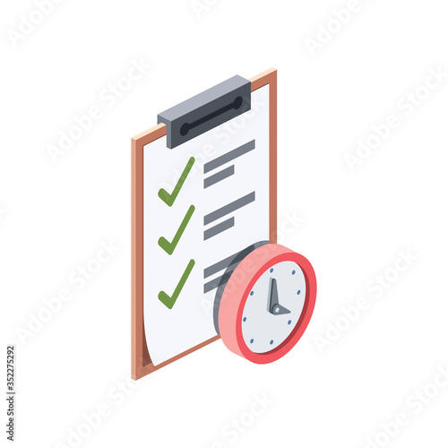 Plan time clock. Vector 3d isometric, color web icon, new flat style. Creative illustration design, isolated graphic idea for infographics.