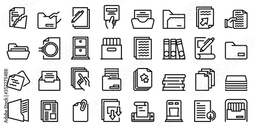 Storage of documents icons set. Outline set of storage of documents vector icons for web design isolated on white background