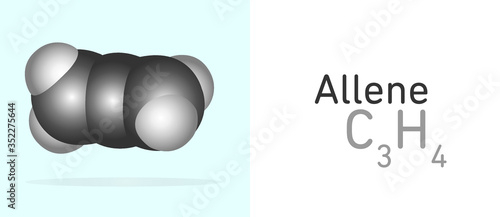 Allene, propadiene (C3H4) gas molecule. Space filling model. Structural Chemical Formula and Molecule Model. Chemistry Education photo