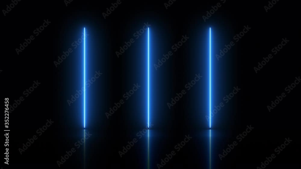 Three blue glowing neon fluorescent light rods on black background