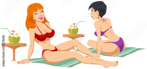Beautiful girls on beach. Funny people.
