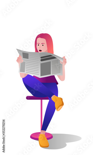 Young woman sitting on chair and reading newspaper. Flat vector illustration on white background