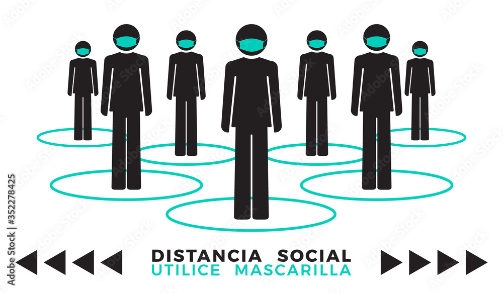 Group of human icon wearing face mask. Spanish phrase: Social distancing use face mask. Flat icon vector illustration Group of human icon wearing face mask. Spanish phrase: Social distancing use face mask. Flat icon vector illustration