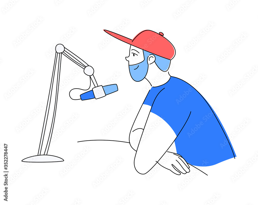 Fototapeta premium Radio host doodle drawing. Female podcaster speaking to mic microphone