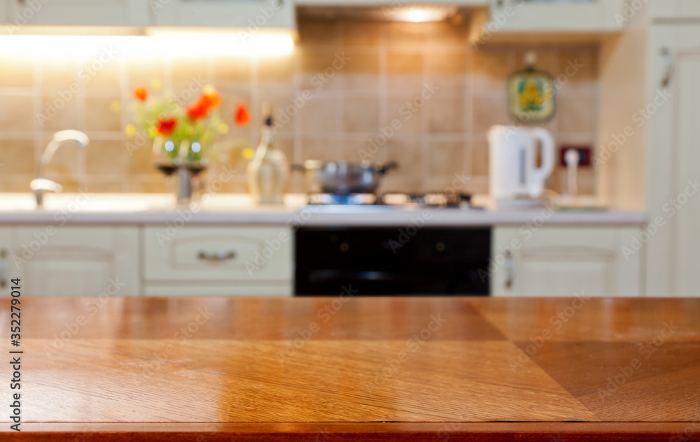 blurred kitchen interior and desk space home background blurred kitchen interior and desk space home background