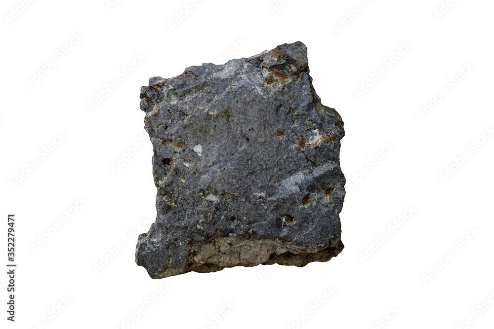 Fototapeta premium A piece of basalt stone isolated on white background. There is noise and grain caused by the texture of the stone.