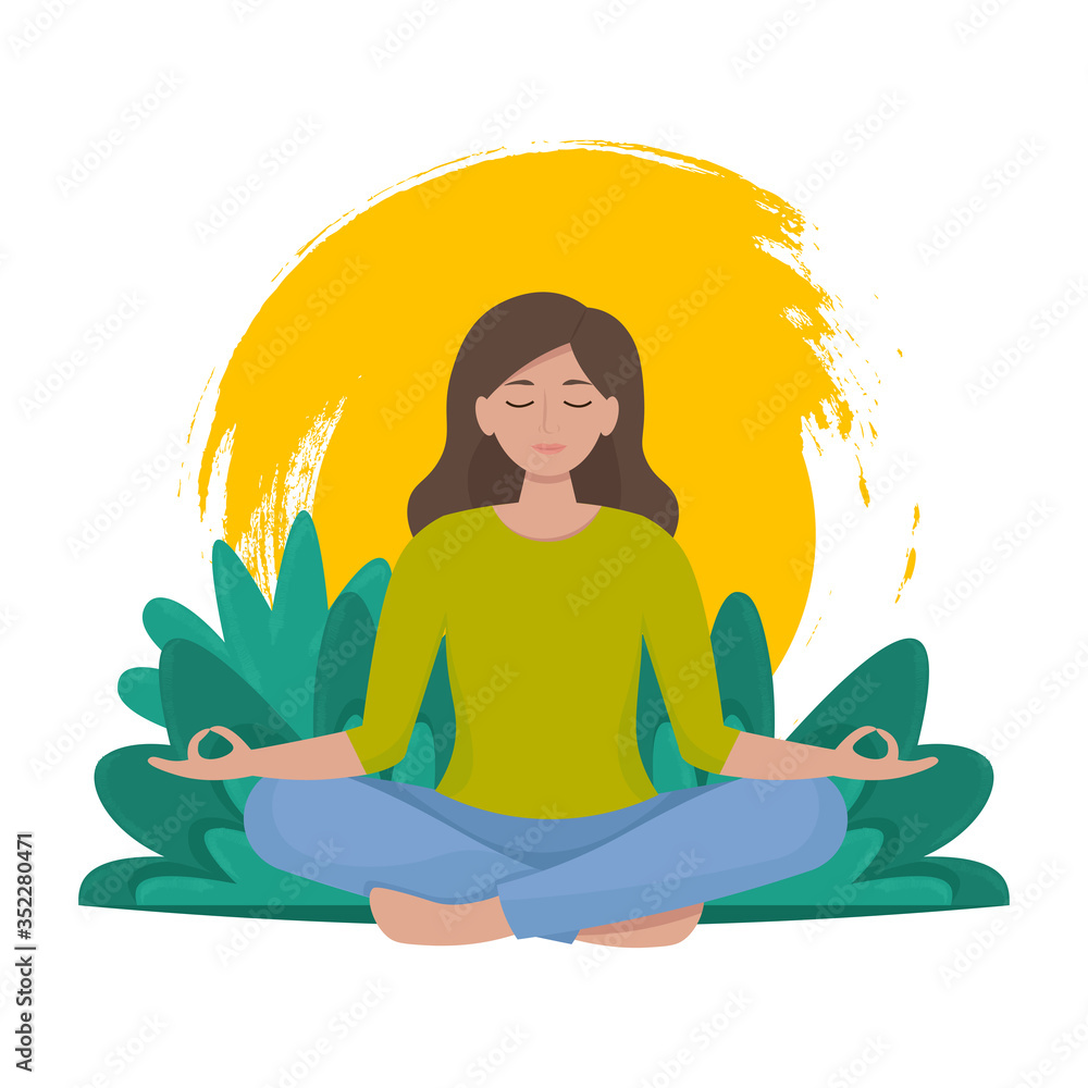 Woman meditating on nature leaves background. Yoga, sport, recreation, relax concept. Vector illustration in flat style