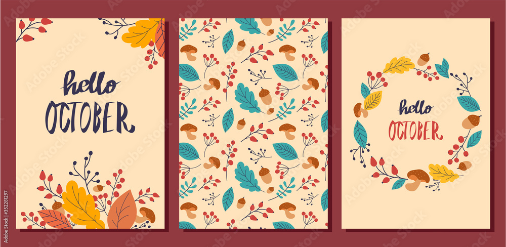 Autumn vector posters, drawing. Design for postcards, kitchen textiles, clothing and website. Flat autumn leaves lettering. Isolated