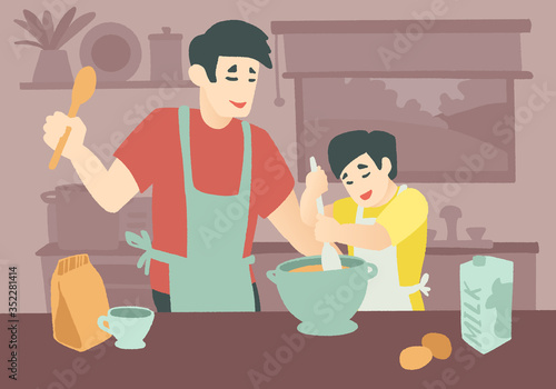 Happy family cooking. Little baby boy son and his dad cooking together.