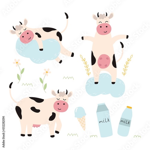 Set of cute cows isolated on a white background. Vector illustration for printing on fabric, paper, design for packaging with dairy products.