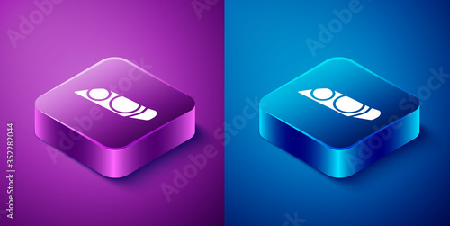 Isometric Car headlight icon isolated on blue and purple background. Square button. Vector