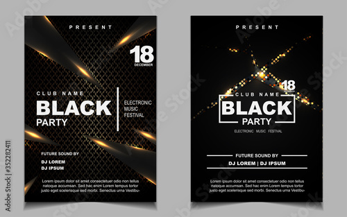 Night party music layout poster design template background with elegant black and light gold style. Luxury cover electro style vector for concert disco, club party, event flyer invitation nightclub