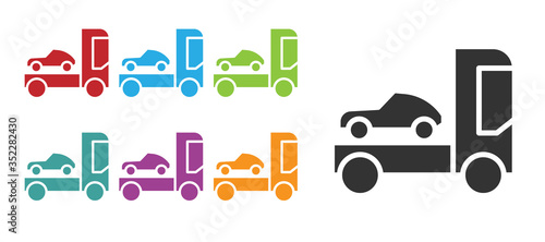 Black Car transporter truck for transportation of car icon isolated on white background. Set icons colorful. Vector