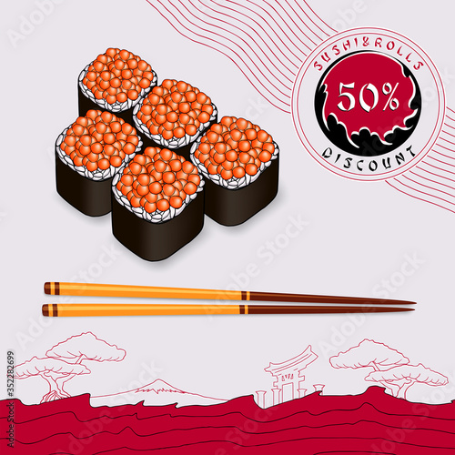 discount coupon japanese rolls red caviar with rice wrapped in seaweed on a light gray background