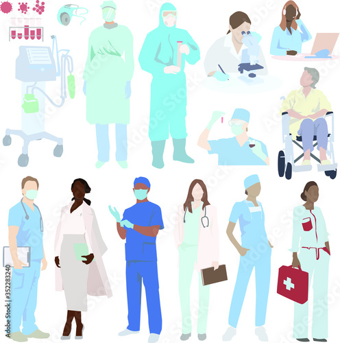 Medical staff - doctors, researchers, nurses and ventilators fight viruses. Set of drawings