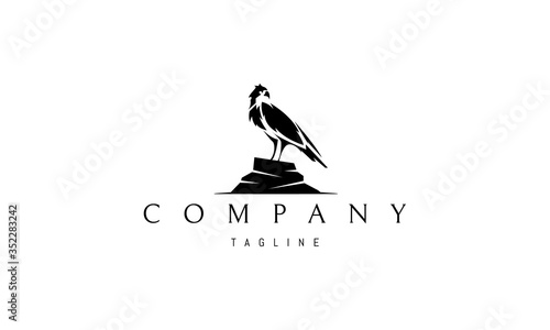 Vector logo on which an abstract image of a hawk on a stone pedestal.