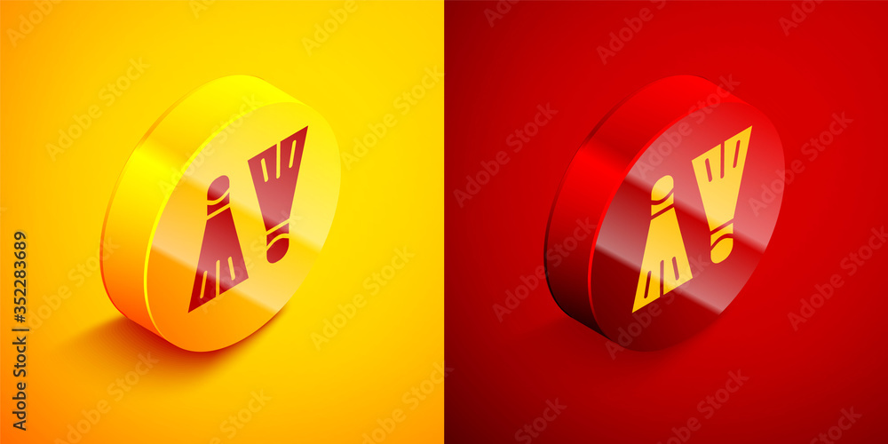 Isometric Rubber flippers for swimming icon isolated on orange and red background. Diving equipment. Extreme sport. Sport equipment. Circle button. Vector Isometric Rubber flippers for swimming icon isolated on orange and red background. Diving equipment. Extreme sport. Sport equipment. Circle button. Vector