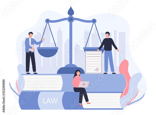 Concept Law, Justice. Legal service, services of a lawyer, notary. Men against the backdrop of the city discuss legal issues, a woman works on a laptop. Vector flat illustration on a white background