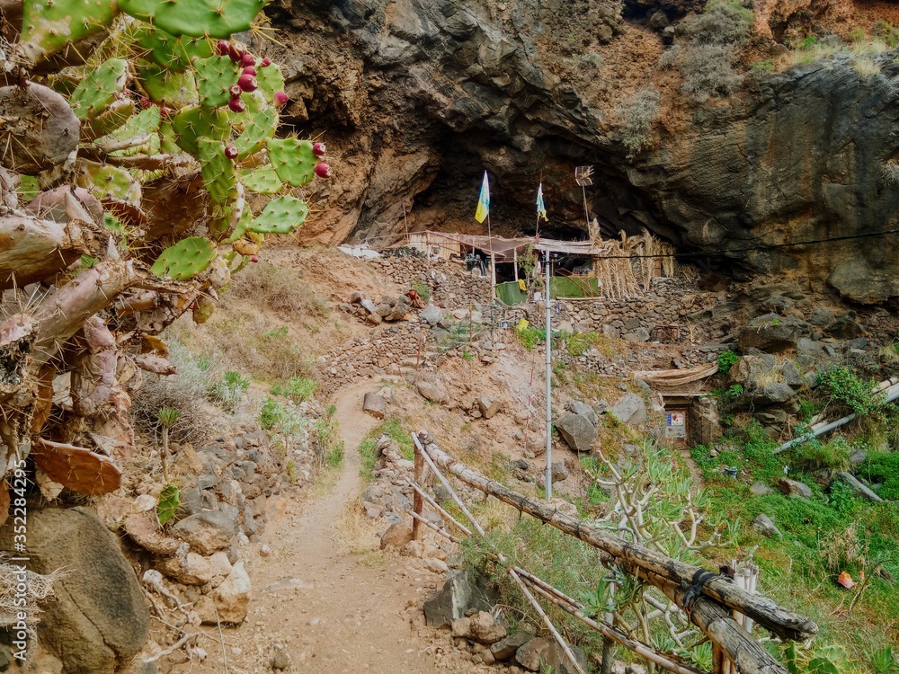 Fototapeta premium Aboriginal dwelling in the gorge. Brown rocks, large green cacti.