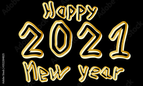 Inscription happy new year 2021. Gold letters and numbers on a black background. The second contour is like a shadow.