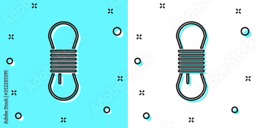 Black line Climber rope icon isolated on green and white background. Extreme sport. Sport equipment. Random dynamic shapes. Vector