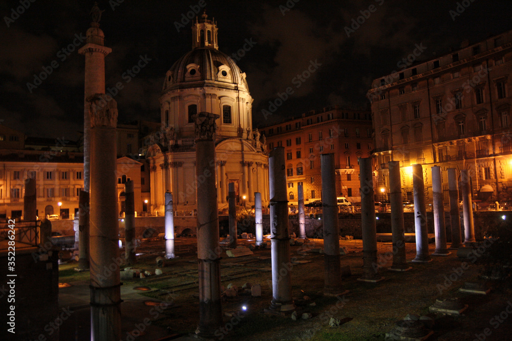 The night view of Roman forum in Italy. The view of ancient rome