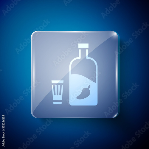 White Vodka with pepper and glass icon isolated on blue background. Ukrainian national alcohol. Square glass panels. Vector