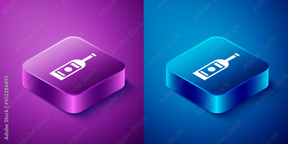 Isometric Glass bottle of vodka icon isolated on blue and purple background. Square button. Vector Isometric Glass bottle of vodka icon isolated on blue and purple background. Square button. Vector