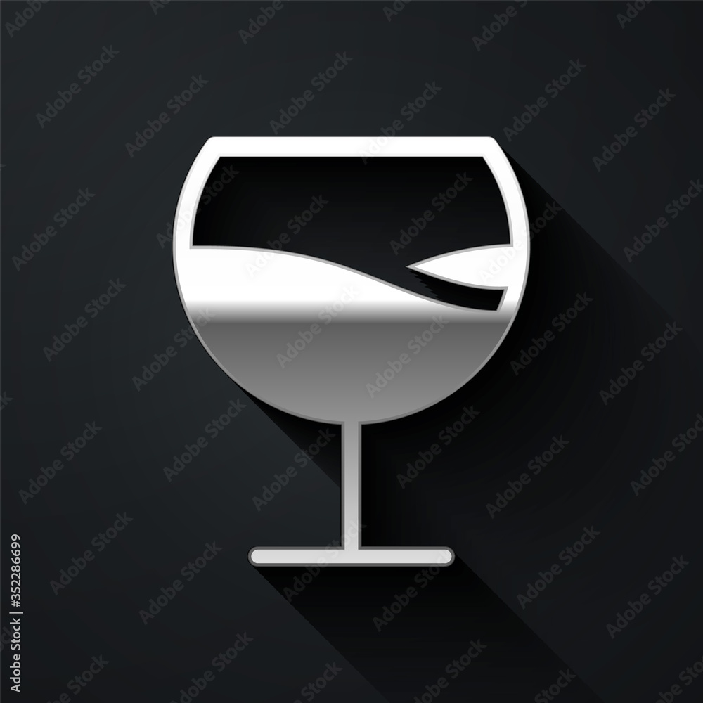 Silver Wine glass icon isolated on black background. Wineglass sign. Long shadow style. Vector Silver Wine glass icon isolated on black background. Wineglass sign. Long shadow style. Vector