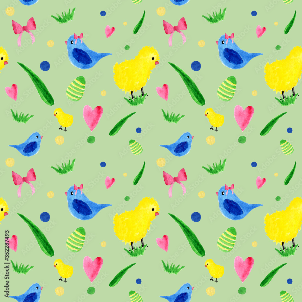 Bright spring watercolor easter pattern with chickens, eggs, hearts, grass on a green background Bright spring watercolor easter pattern with chickens, eggs, hearts, grass on a green background