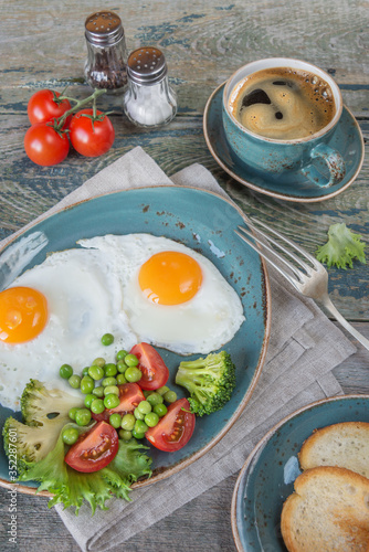 Fried eggs,  bacon, tomato,...