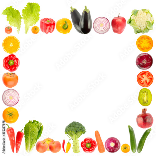 Ripe fruits and vegetables square frame isolated on white