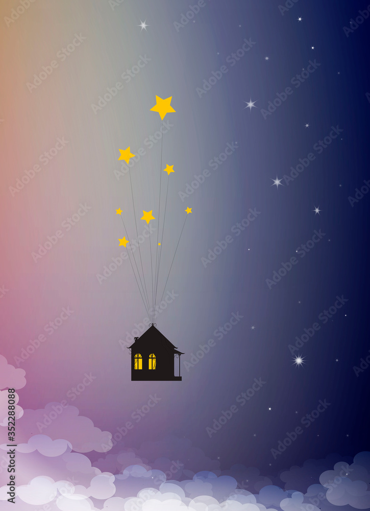 sweet home dreams concept, house hanging on the star in the sky, time dreaming, - obrazy, fototapety, plakaty 