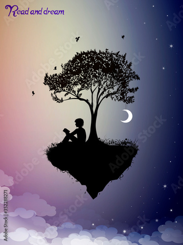 Read and dream concept, piece of childhood on the fairy sky, boy silhouette read the book under the tree and dream, (ID: 352288271)